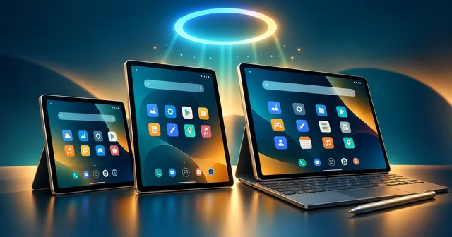 Three aluminium Android tablets of different sizes with app grids on screen, the largest with a keyboard and stylus, under a glowing voice-assistant ring
