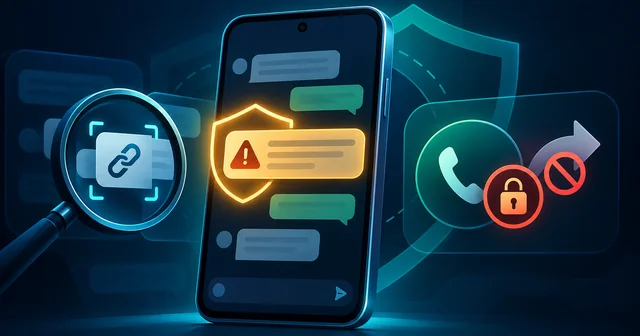 Illustration of a smartphone chat with a suspicious message flagged by a glowing amber shield, a magnifying glass scanning a link, and a phone call icon whose forwarding arrow is blocked by a padlock