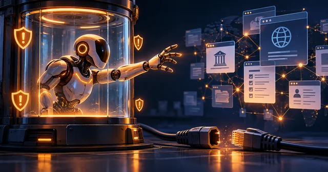 Illustration of a robot AI agent inside a sealed glass test chamber reaching toward floating website and government form windows, beside an unplugged network cable, representing Anthropic taking Claude evaluations offline