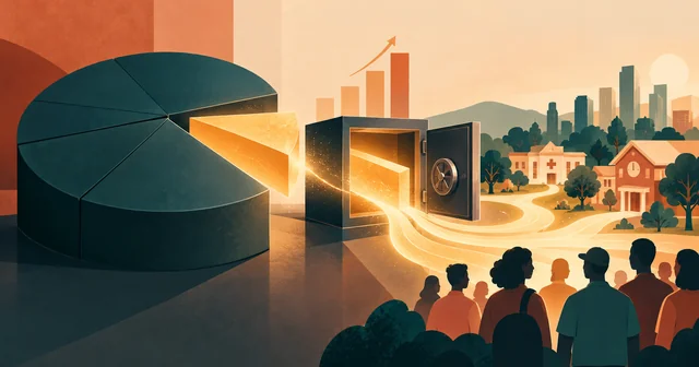 Illustration of a dark teal equity pie chart with one glowing gold slice lifted into an open vault, rising bars behind it, and a stream of light flowing to a crowd of workers and community buildings, depicting Anthropic's Public Benefit Fund