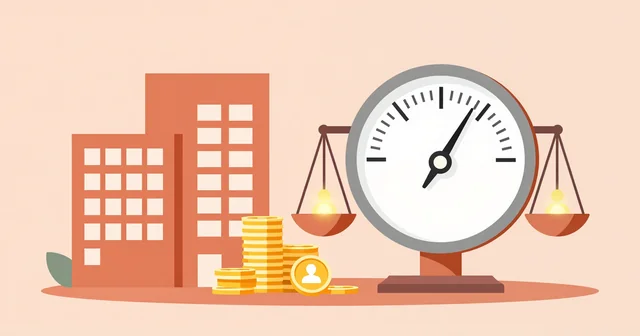 Illustration of an office building beside a usage meter and a balance scale weighing user tokens against coins