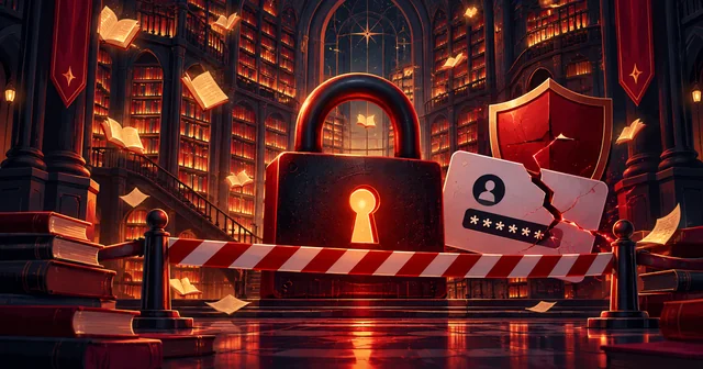 A vast glowing library of fan fiction books sealed off by a large padlock, warning tape and a cracked login card with a masked password, illustrating the AO3 security outage