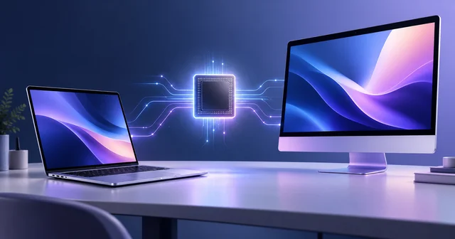 Illustration of a silver laptop and a slim all-in-one desktop on a desk, linked by circuit lines to a glowing processor chip, representing the M6 MacBook Pro and iMac