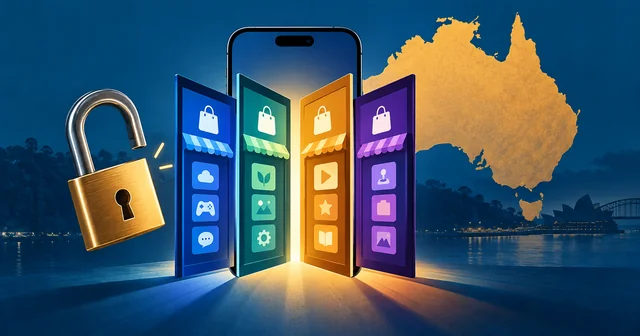 Illustration of a smartphone opening into four colourful app storefront panels beside an unlocked padlock, with a gold map of Australia and Sydney Harbour behind, for Australia ordering Apple to allow rival iPhone app stores