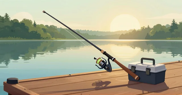 Illustration of a fishing rod and reel with a tackle box on a wooden dock at sunrise