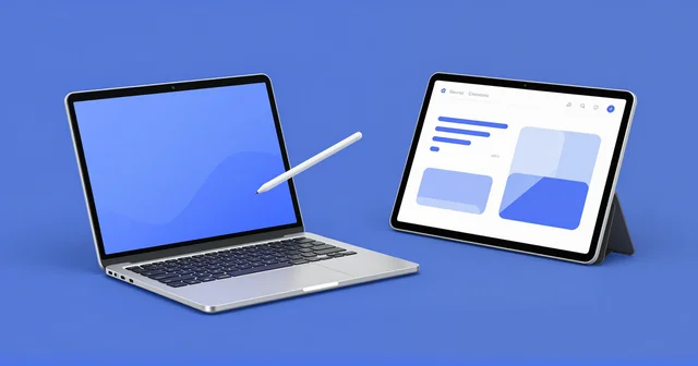 Illustration of a 2-in-1 laptop with a stylus beside another folded flat as a tablet
