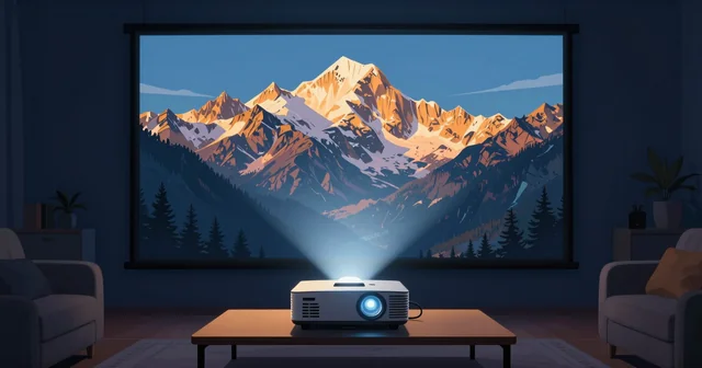Illustration of a projector beaming a mountain landscape onto a large screen in a dark living room