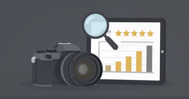Illustration of a mirrorless camera beside a tablet with comparison charts, rating stars and a magnifying glass