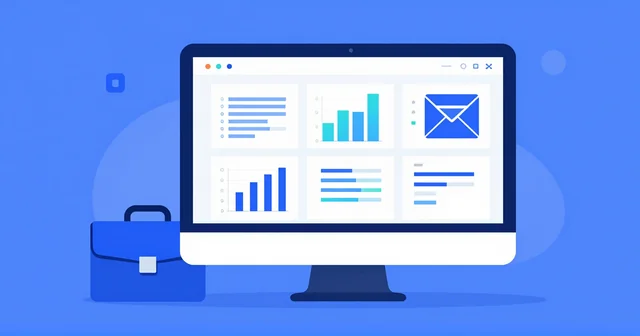 Illustration of a desktop monitor with business charts, documents and mail panels beside a briefcase