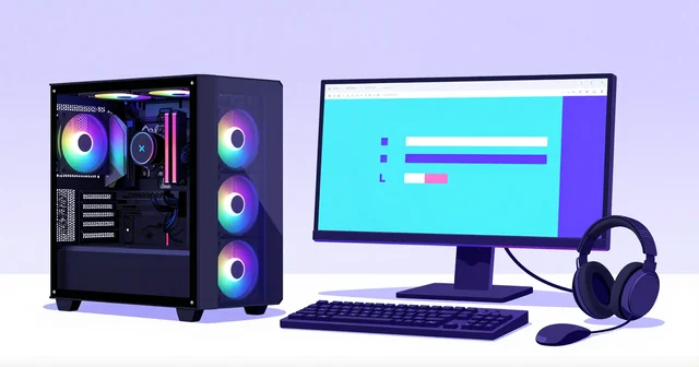 Illustration of a gaming PC with RGB fans beside a monitor, keyboard and headset