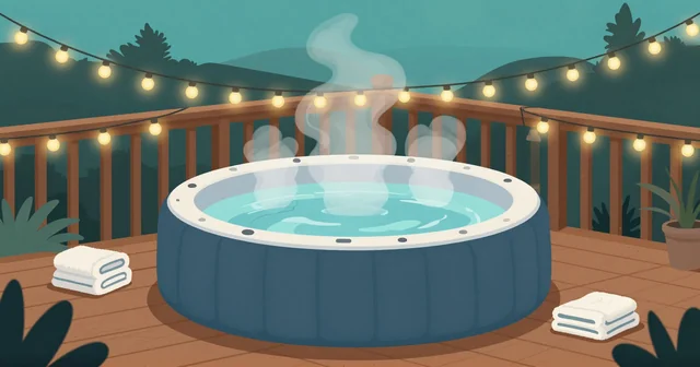 Illustration of a steaming round inflatable hot tub on a wooden deck under string lights