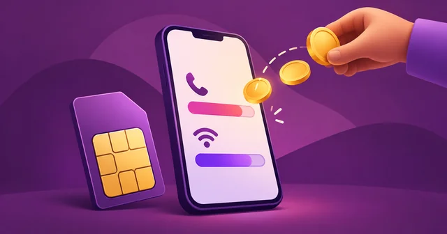 Illustration of a mobile phone with a refilling data and talktime balance bar, a SIM card and coins representing an emergency loan