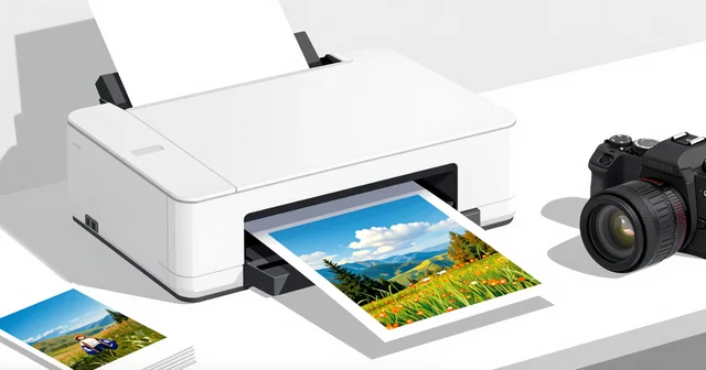 Illustration of a white photo printer printing a landscape photo beside a camera