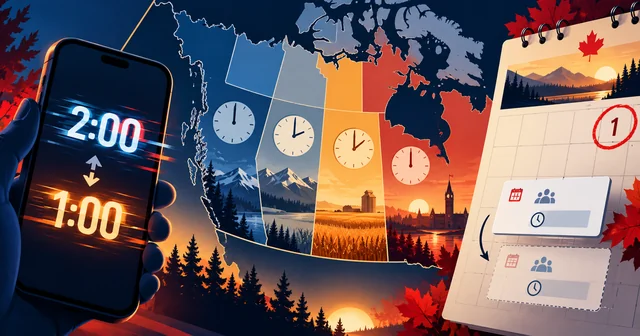 Illustration of a phone clock flickering between 2:00 and 1:00 beside a map of western and central Canada split into time bands with clocks, and a calendar with the 1st circled as a meeting card slides an hour