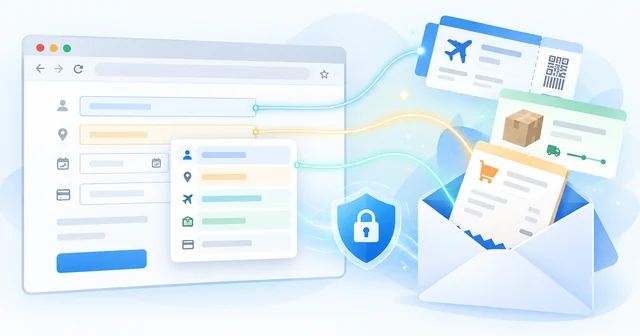 Illustration of a browser web form filled from an autofill dropdown, with glowing lines linking its fields to a boarding pass, parcel tracker and order receipt rising from an open envelope, beside a padlock shield