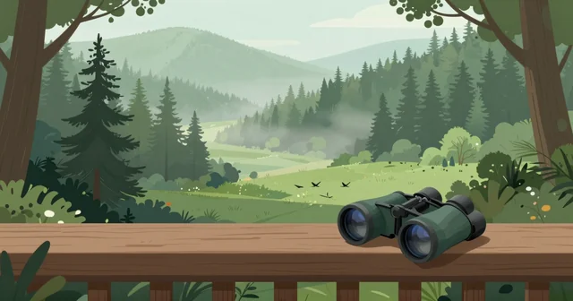 Illustration of compact binoculars on a wooden railing overlooking a misty forest valley