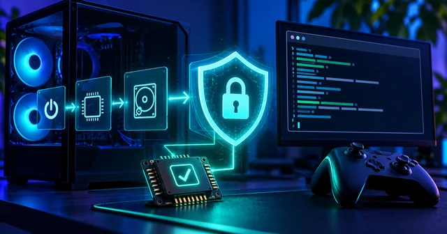 Illustration of a gaming PC whose boot chain flows through glowing power, chip and drive icons into a padlocked shield, with a verified TPM chip, a terminal window and a game controller, representing Epic's Easy Anti-Cheat Linux v2 requirements
