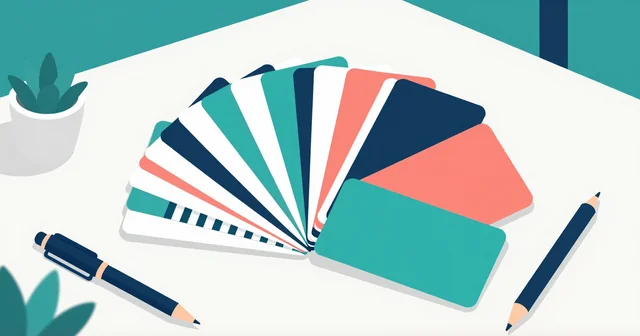 Illustration of a fanned stack of colourful business card designs with pens on a desk