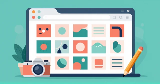 Illustration of a browser showing a gallery grid of colourful artwork with a camera and pencil