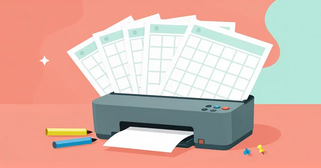 Illustration of blank printed calendar grids coming out of a home printer beside coloured markers and pins