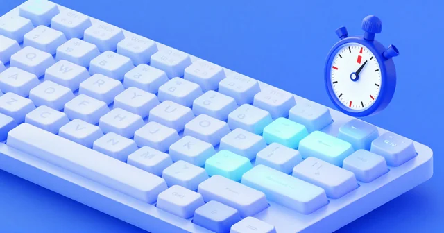 Illustration of a keyboard with glowing home-row keys and a stopwatch for typing practice