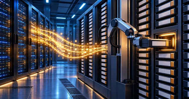 Robotic arm loading a data storage tape cartridge in a data centre tape library, with glowing streams of data flowing from server racks into rows of cartridges