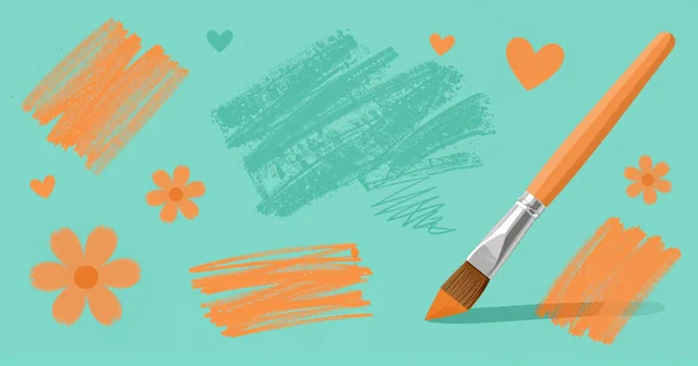 Illustration of a canvas with grunge, heart and flower brush strokes painted by a floating paintbrush