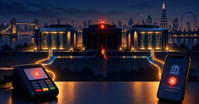 Illustration of three data centre buildings on the London skyline at night, the middle one dark with a sparking power line, while a card terminal and a banking app on a phone both show error marks