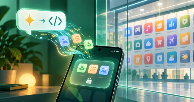 Illustration of an AI chat bubble turning a sparkle into code that flows into a smartphone, where three homemade app icons sit in a locked private folder, with a wall of public store apps behind a glass partition