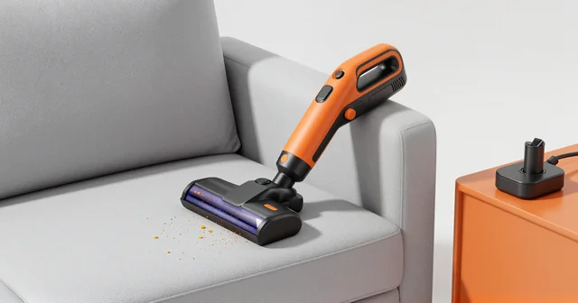 Illustration of an orange cordless handheld vacuum cleaning crumbs off a grey sofa
