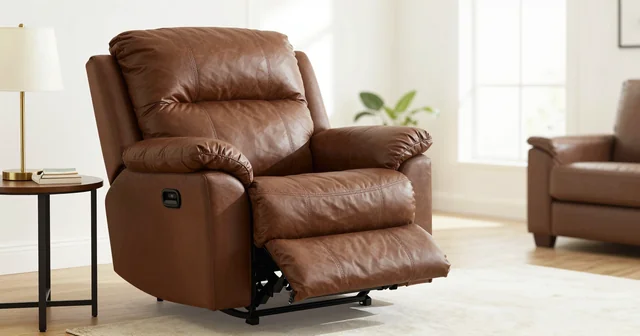 Illustration of a large brown leather recliner chair in a bright living room beside a lamp