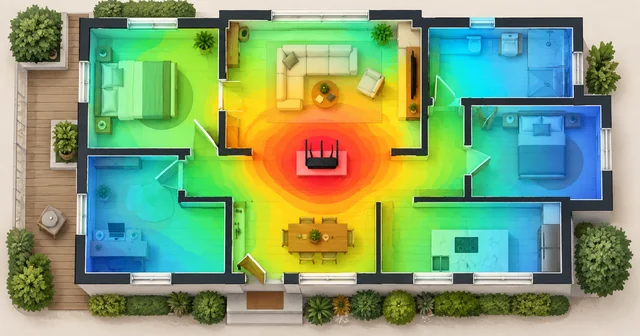 Illustration of a home floor plan overlaid with a colour heat map of Wi-Fi signal strength around a router