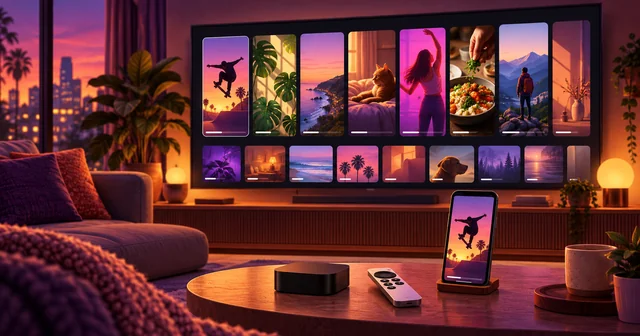 Illustration of a living room TV showing rows of vertical Instagram-style video tiles in channels, with a streaming box, a remote and a phone playing the same clip on the coffee table