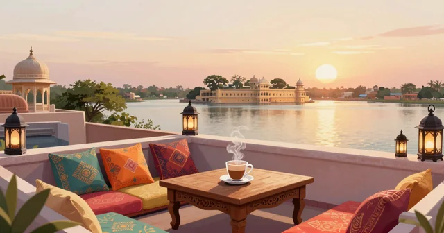Illustration of a rooftop cafe with colourful cushions, lanterns and chai overlooking a lake at sunset