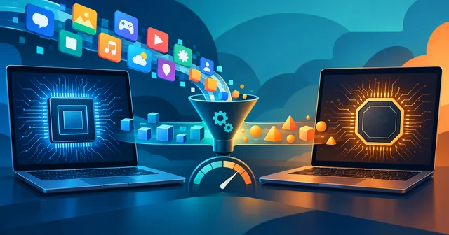 Illustration of two laptops, one with a blue square processor and one with an orange octagonal chip, linked by a funnel that translates a stream of Android app icons and block shapes, with a speed gauge showing a slight slowdown