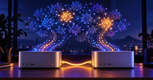 Two silver desktop computers linked by a glowing cable, with a blue neural network above them where a few amber clusters light up, illustrating Muse Spark Open's mixture of experts running across two Mac Studios
