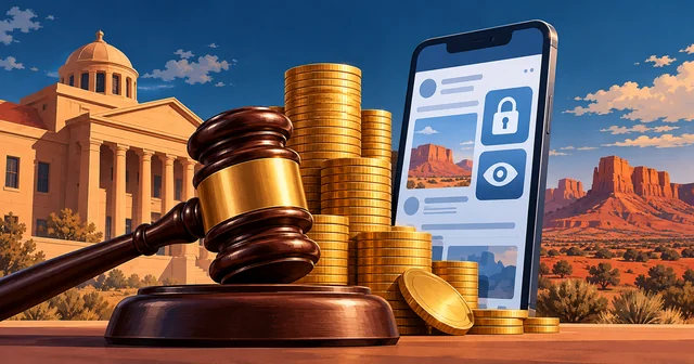 Illustration of a judge's gavel beside stacks of gold coins and a smartphone showing padlock and eye privacy icons, set before a sandstone courthouse and New Mexico desert mesas, representing Meta's $25 billion penalty