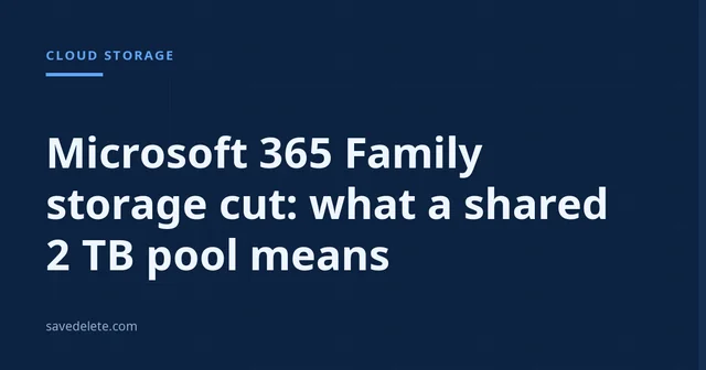 Dark navy text card with a Cloud Storage label and the headline: Microsoft 365 Family storage cut, what a shared 2 TB pool means