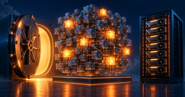 Illustration of a giant cube of small modular AI expert blocks with only a few glowing orange, between an open bank-vault door and an eight-GPU server rack, representing Mistral Large 4's mixture-of-experts design and open weights