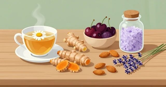 Illustration of chamomile tea, turmeric, ginger, cherries, almonds, bath salts and lavender on a wooden table