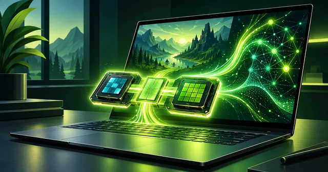 Illustration of a thin laptop with a glowing chip split into CPU, shared memory and GPU blocks, sending green light streams into a screen showing a game landscape and an AI network, depicting Nvidia RTX Spark