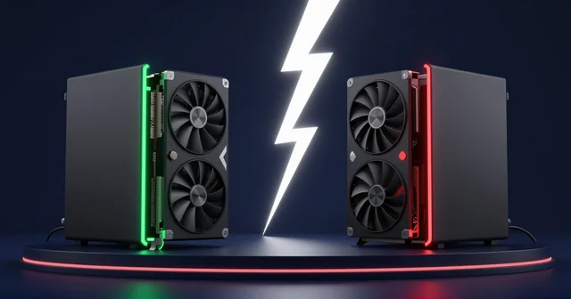 Illustration of two graphics cards facing off, one lit green and one lit red, split by a lightning bolt