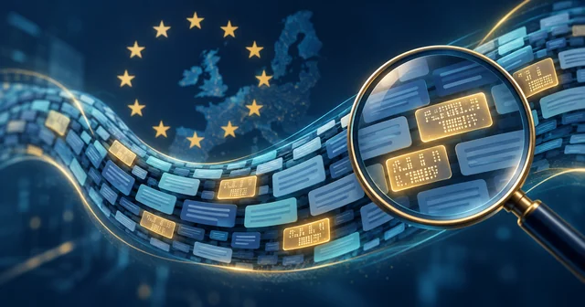 Illustration of a flowing ribbon of text blocks with a few glowing gold blocks carrying a hidden dot pattern, revealed by a magnifying glass, beneath a ring of EU stars over a map of Europe, representing OpenAI's textGrain watermark