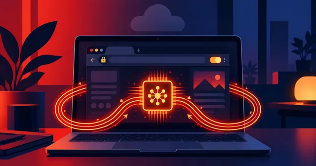 Illustration of a laptop browser with a glowing AI chip running inside the page, data looping back locally while a cloud fades above, beside a padlock and permission toggle