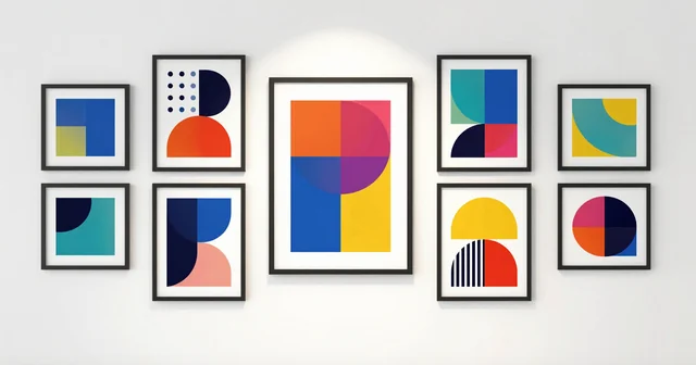 Illustration of a gallery wall of framed abstract geometric posters in bold colours