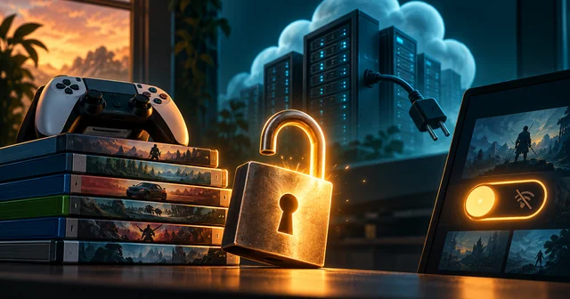 Illustration of a game controller on a stack of game cases beside an unlocked padlock, an unplugged cloud server rack and a screen with a glowing offline-mode toggle, representing digital game ownership