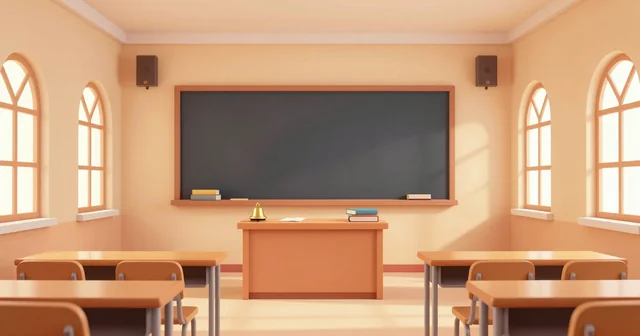 Illustration of an empty classroom with a blackboard, a teacher's desk and arched sandstone windows