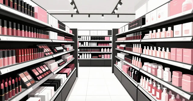Illustration of a bright beauty store aisle with shelves of lipsticks, palettes and perfume