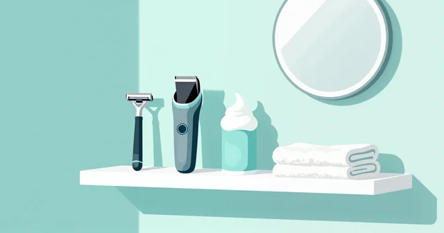 Illustration of a bathroom shelf with a razor, trimmer, shaving foam, folded towel and a round mirror