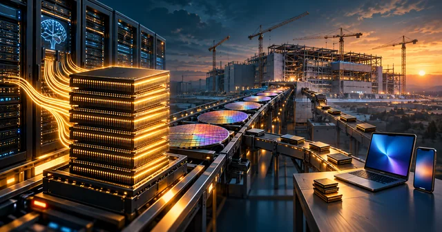 Illustration of a glowing stack of HBM memory chips feeding an AI server rack, DRAM wafers on a conveyor toward a memory fab under construction, and a laptop and phone left with a few spare chips
